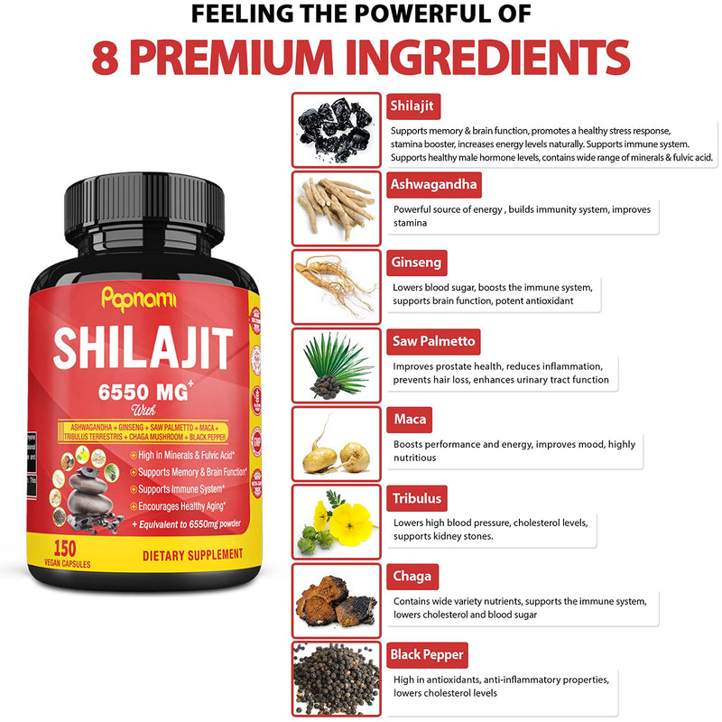 Shilajit Extract Capsules equivalent to 6550mg & Ashwagandha, Ginseng, Saw Palmetto, Maca, Tribulus, Chaga, Pepper, 5 Months Supply | Trace Minerals Fulvic Acid| Immune Support, Brain Boost Supplement - NewNest Australia