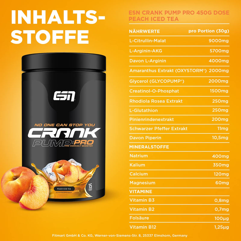 ESN CRANK PUMP PRO, 450g Peach Iced Tea, Pre Workout Booster - NewNest Australia