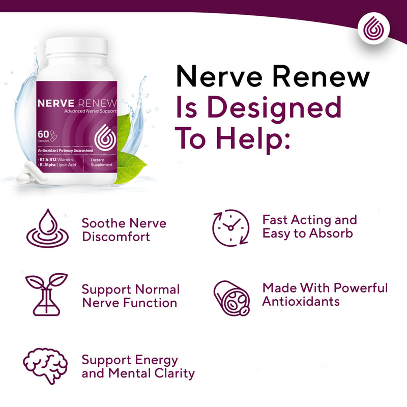 Nerve Renew Advanced Nerve Support - Natural Nerve Discomfort Support with R-Alpha Lipoic Acid and Vitamin B Complex - 60 Capsules - Antioxidant Potency, Fast-Acting Formula 60 Count (Pack of 1) - NewNest Australia