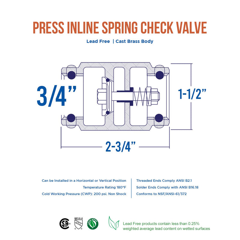 Midline Valve 372S256 Inline Spring Loaded Check Valve, Backflow Prevention Lead Free, 3/4 in. Press Connections, Cast Brass Single Pack 3/4 in. - NewNest Australia