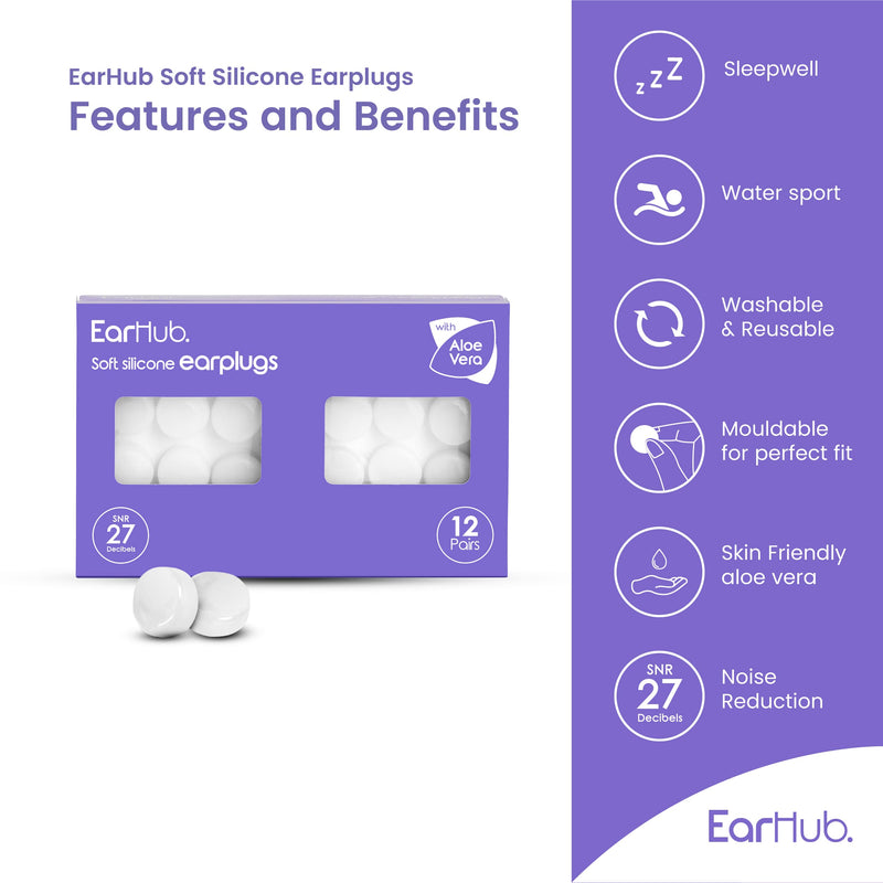 EarHub Sleepwell Soft Premium Silicone Earplugs 12 Pairs. Reusable & Custom Fit Silicone Ear Plugs. Best Used for Sleep. Also Used for Travel, Water Sports, Work, Study & Concerts. Travel case inc - NewNest Australia