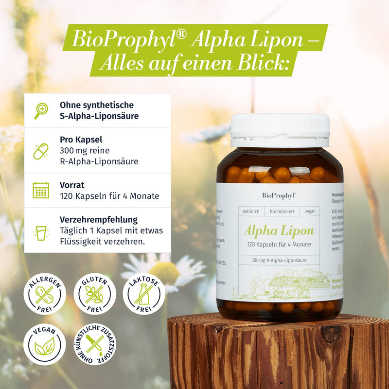 Bioprophyl Alpha Lipon - 300 Mg Pure Natural - (R)-Alpha Lipoic Acid - Without Synthetic (S)-Alpha Lipoic Acid - With Vitamin E And Niacin - 120 Vegetable Capsules - NewNest Australia