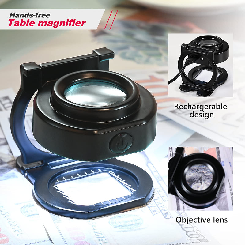 25X Loupe Magnifier with 6 Light, USB Rechargeable Three-Folding Desktop Portable Metal Eye Loupe Scale Sewing Magnifing Glass for Textile Optical Jewelry Tool Coins Currency - NewNest Australia