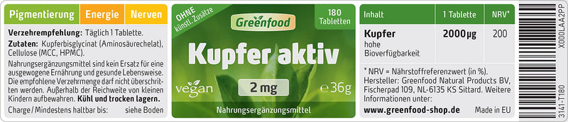Copper active, 2 mg, high dose, 180 tablets, vegan - good for hair and skin pigmentation, energy metabolism and immune system. WITHOUT artificial additives. Without genetic technology. 180 pieces (pack of 1) - NewNest Australia