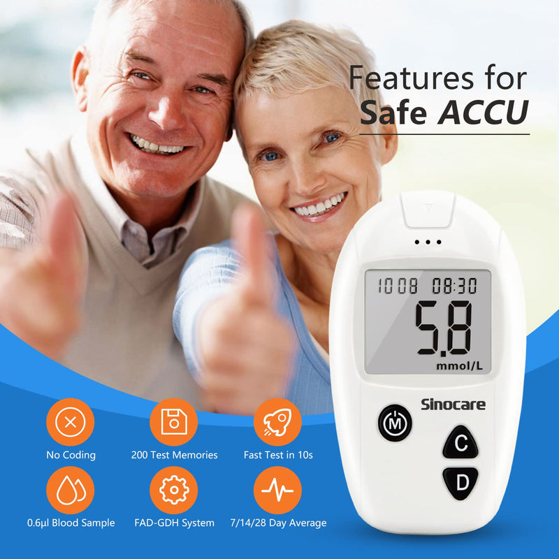 Sinocare Blood Sugar Monitor, Diabetes Testing Kit with 50 No Coding Test Strips & 50 Lan, Blood Glucose Monitors, Safe Accu Blood Sugar Test Kit, mmol/L Safe Accu Blood Sugar Test Kit - 50 - NewNest Australia