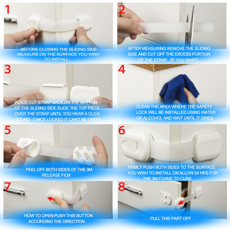 Child Safety Cabinet Locks - (10 Pack) Baby Proofing Latches to Drawer Door Fridge Oven Toilet Seat Kitchen Cupboard Appliance Trash Can with 3M Adhesive - Adjustable Strap No Drill No Tool Grey - NewNest Australia