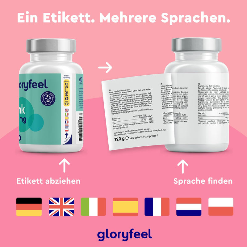 Zinc 25mg - 400 vegan tablets (13 months) - Premium zinc gluconate highly bioavailable - High dose of elemental zinc - Laboratory tested and made in Germany without additives - NewNest Australia