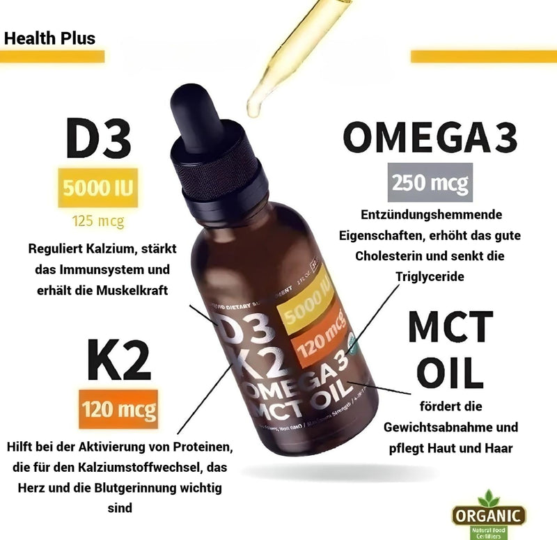 Vitamin D3 + K2 drops 60ml - Premium: 99.7+% All-Trans content - 100% natural content - High dosage - D3 125 mcg - K2 120 mcg - Omega 3 250 mcg - Premium quality - Laboratory tested - Made in Germany - NewNest Australia