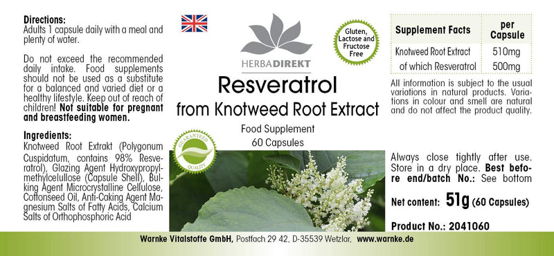 Resveratrol 500mg - High Dose - Knotweed Extract - 60 Capsules | HERBADIREKT by Warnke vital substances - NewNest Australia