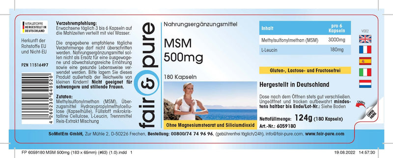 MSM capsules 500mg - methylsulfonylmethane - vegan - 180 MSM capsules - 100% MSM per capsule - pure substance without magnesium stearate - NewNest Australia