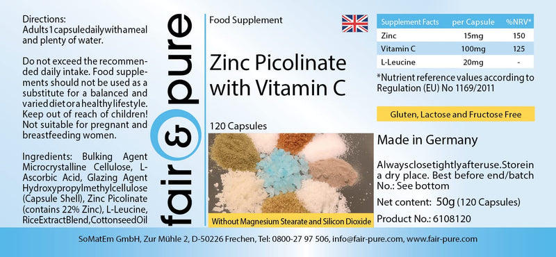 Fair & Pure® - zinc picolinate 15mg elemental zinc and 100mg vitamin C - vegan - without magnesium stearate - 120 vegan zinc capsules - NewNest Australia