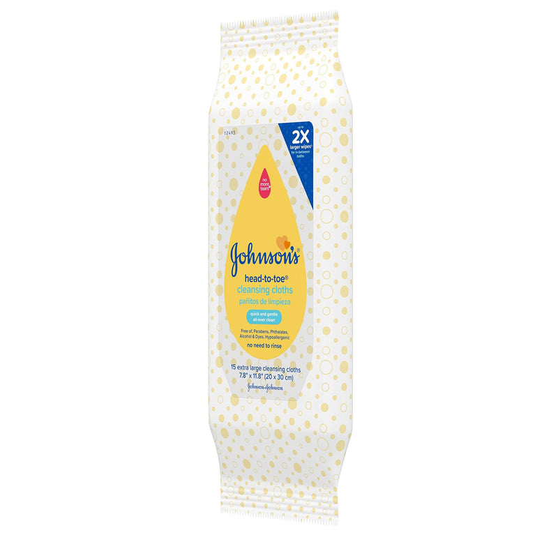 Johnson's Head-to-Toe Gentle Baby Cleansing Cloths, Hypoallergenic and Pre-Moistened Baby Bath Wipes, Free of Parabens, Phthalates, Alcohol, Dyes and Soap, 15 ct Pack of 1 15 Count (Pack of 1) - NewNest Australia