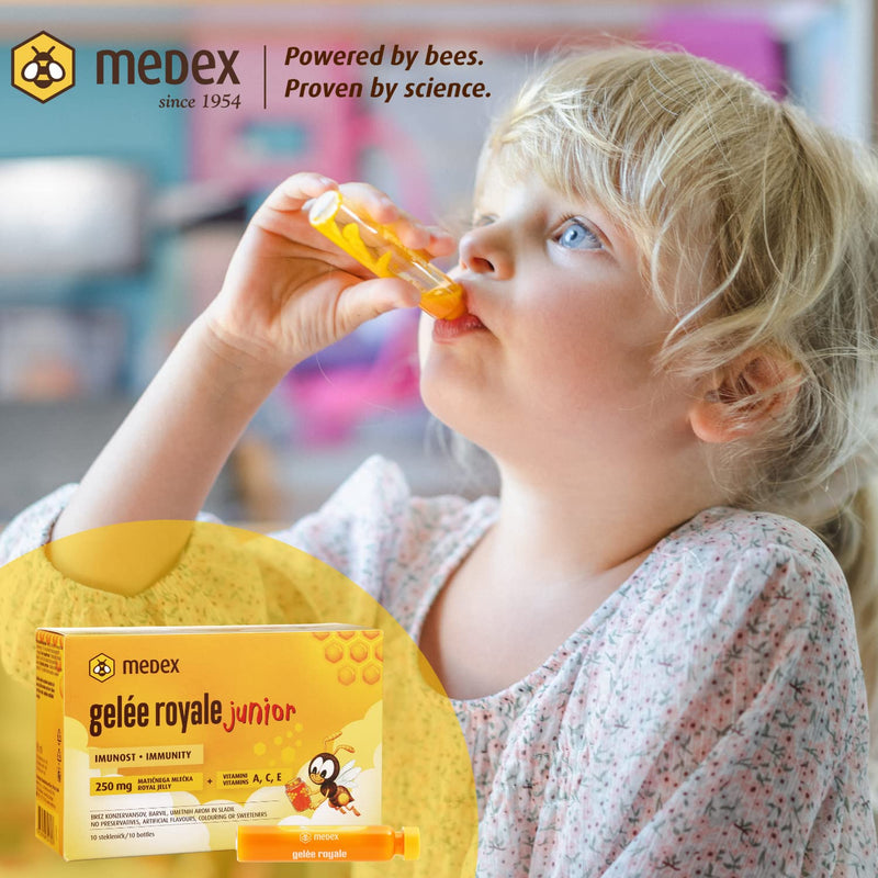 Medex Royal Jelly Junior, Fresh Royal Jelly 250 Mg, With Natural Vitamins A, C, E, Excellent Taste, Without Sweeteners, For Children From 3+, Liquid In Ampoules 10 X 9 Ml - NewNest Australia