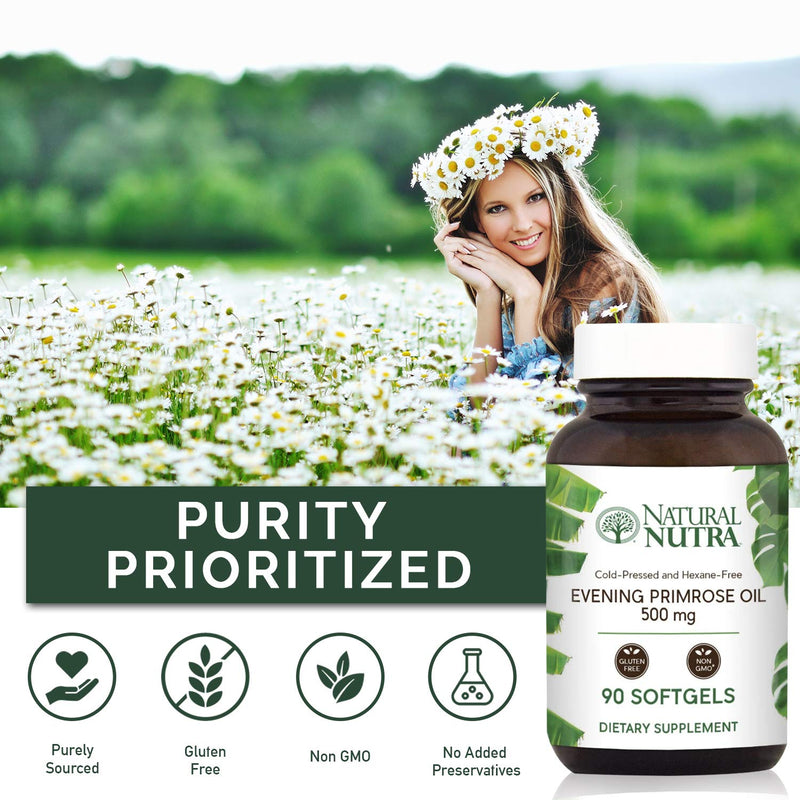 Natural Nutra Evening Primrose Oil Supplement from Fatty Acid, Reduce Acne, Nerve Health, Promote Hearth Health, Skin Clarity, Menopausal Discomfort, 500 mg, 90 Softgel 90 Count (Pack of 1) - NewNest Australia