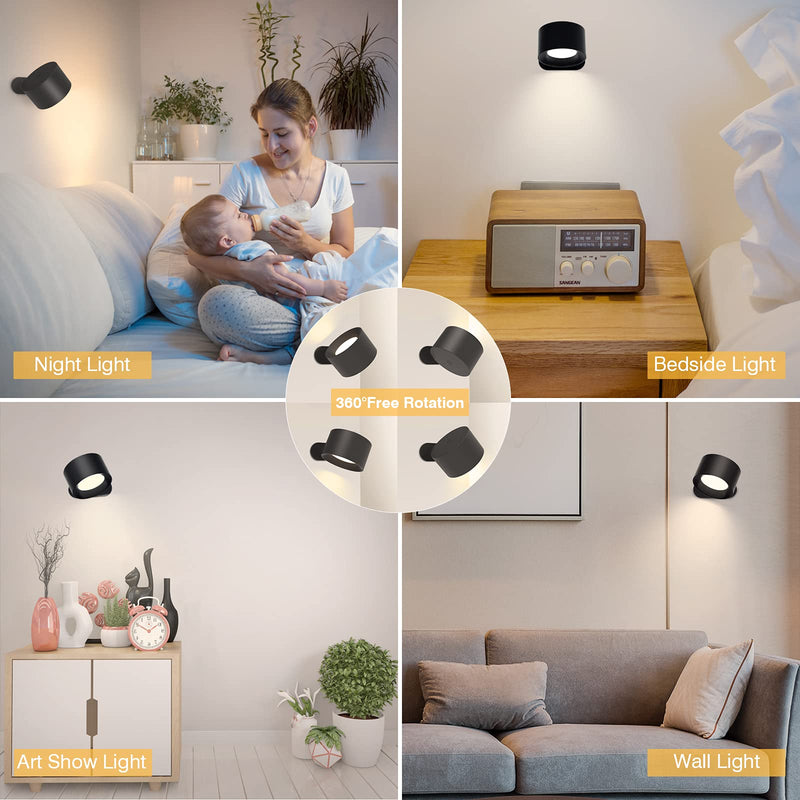 Koopala LED Wall Mounted Reading Lights, Wall Sconce with USB Charging Port 3 Brightness Levels Rechargeable Battery 360°Rotate Magnetic Ball Dimmable Touch Control, Lamps for Kid Study Bedside-1Pack Black - NewNest Australia