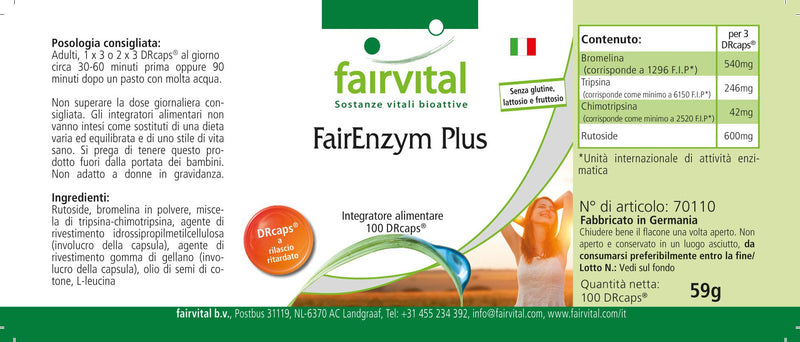 Fairvital | FairEnzym Plus - Multi Enzyme Complex - with Rutoside, Bromelain, Trypsin & Chymotrypsin HIGH DOSE - 100 DRCaps™ - NewNest Australia