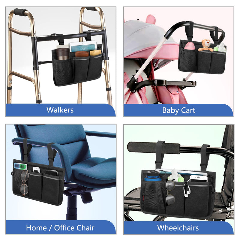 FINPAC Wheelchair Side Storage Bag - Wheelchair Armrest Accessories Organisers Pouch with Reflective Strips and Name Card Slot for Walkers, Mobility Scooters, Rollators (Black) Black - NewNest Australia
