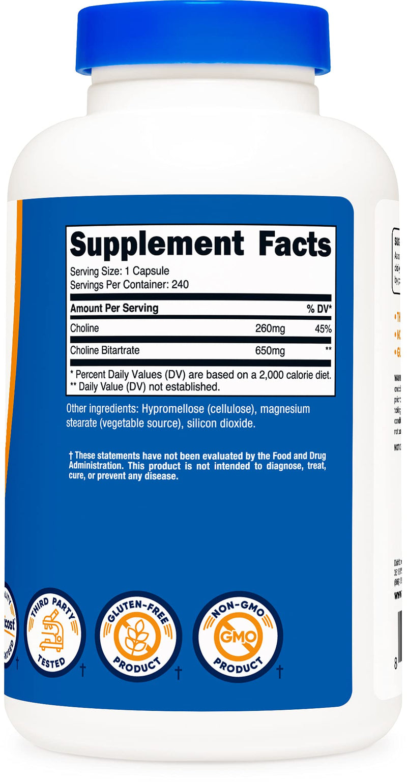 Nutricost Choline Bitartrate 650mg, 240 Vegetarian Capsules - Non-GMO, Vegetarian Friendly, Gluten Free - NewNest Australia