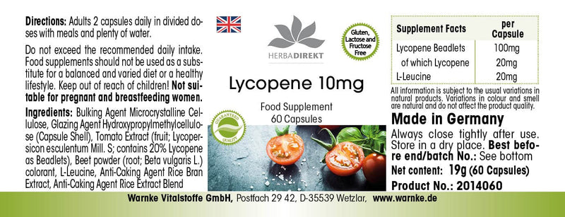 Lycopene capsules 10mg - high dosage - made from tomato extract - vegan - 60 capsules| HERBADIREKT by Warnke vital substances - NewNest Australia