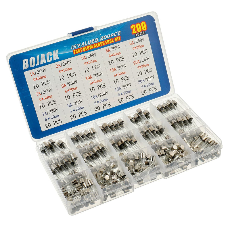 BOJACK 15 Values 200 pcs Fast-Blow Glass Fuses Assortment Kit 5x20mm 250V 1 5 10 15 20A 6x30mm 250V 1 2 3 5 6 7 8 10 15 20A amp packag in a Clear Plastic Box - NewNest Australia