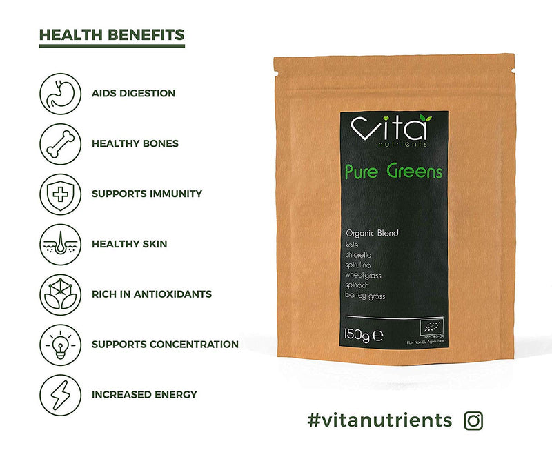 Vita Nutrients | Pure Greens | Premium Organic Superfood Powder Blend 150g | Vegan & Gluten Free | 6 Plant Based Supergreens, Rich in Vitamins, Minerals and Fibre | Made in The UK - NewNest Australia