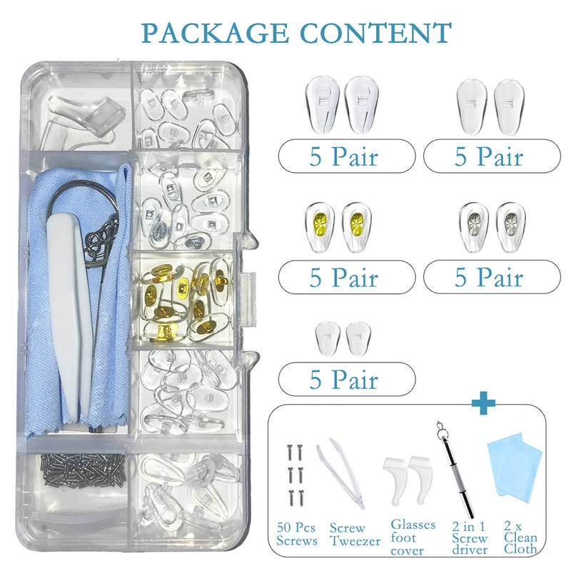 Glasses repair set, 25 pairs of silicone screw-on nose pads for glasses, with screws, tweezers and glasses cleaning cloths - NewNest Australia