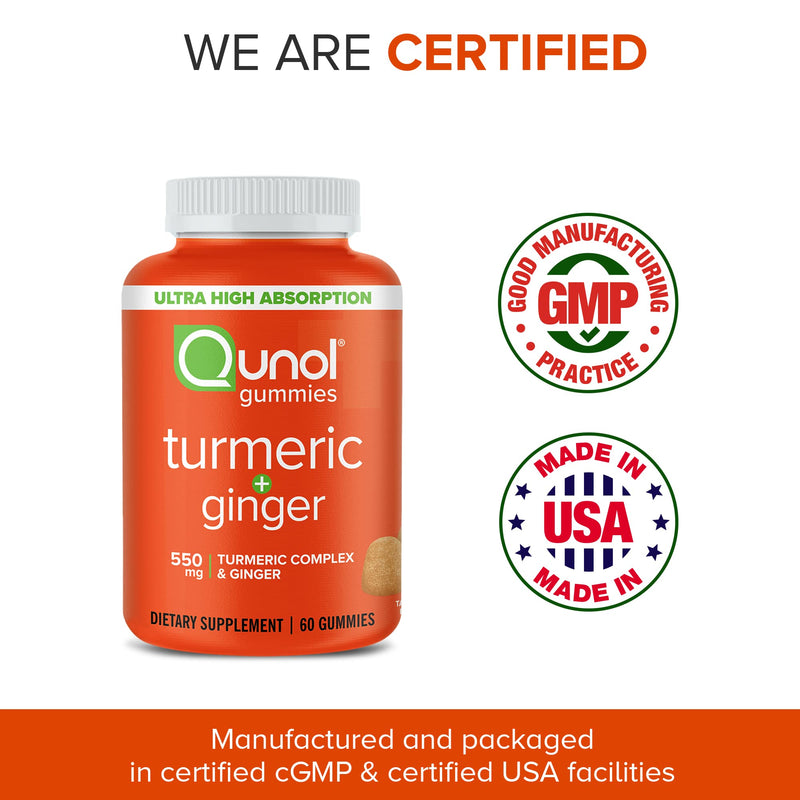 Turmeric and Ginger Gummies, Qunol Gummy with 500mg Turmeric + 50mg Ginger, Joint Support Supplement, Vegan, Gluten Free, Ultra High Absorption (60 Count, Pack of 1), Packaging May Vary 60 Count - NewNest Australia