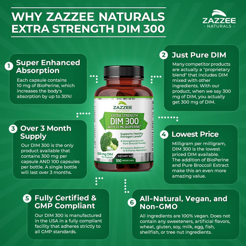 Zazzee Extra Strength DIM 300 mg per Capsule, 10 mg BioPerine, 100 Vegan Capsules, 100 Day Supply, Plus Pure Organic Broccoli Extract, Vegan and Non-GMO - NewNest Australia