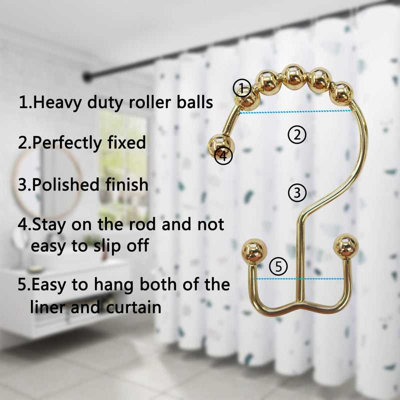 TOAOB Shower Curtain Rings Hooks 3 x 1.7 Inch Stainless Steel Rust Proof Double Glide Roller with Eight Solid Bead Bathroom Curtain Hook Set of 12 Hooks Gold - NewNest Australia