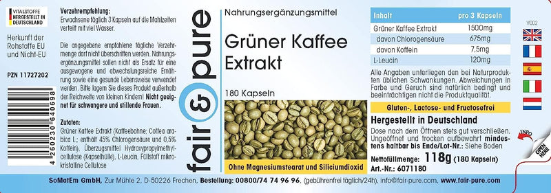 Fair & Pure® - Green Coffee Extract 500mg - high dose with 45% chlorogenic acid - vegan - 180 capsules - NewNest Australia