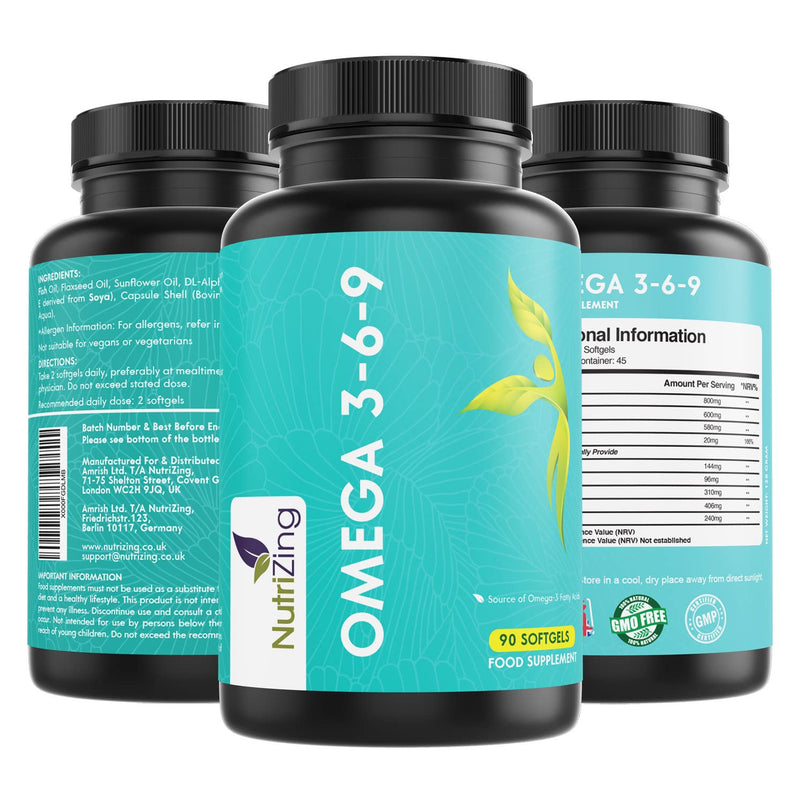 Omega 3 6 9 Triple Strength Fish Oil + Flaxseed Oil & Sunflower Oil - EPA & DHA - High Strength 1000mg - Made in The UK - Omega369 in one softgel by NutriZing - Potent Essential Fatty Acids - NewNest Australia