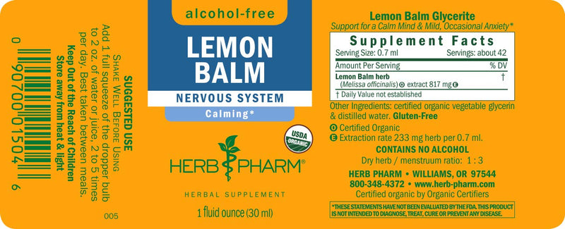 Herb Pharm Certified Organic Lemon Balm Liquid Extract for Calming Nervous System Support, Alcohol-Free Glycerite, 1 Oz 1 Fl Oz (Pack of 1) - NewNest Australia