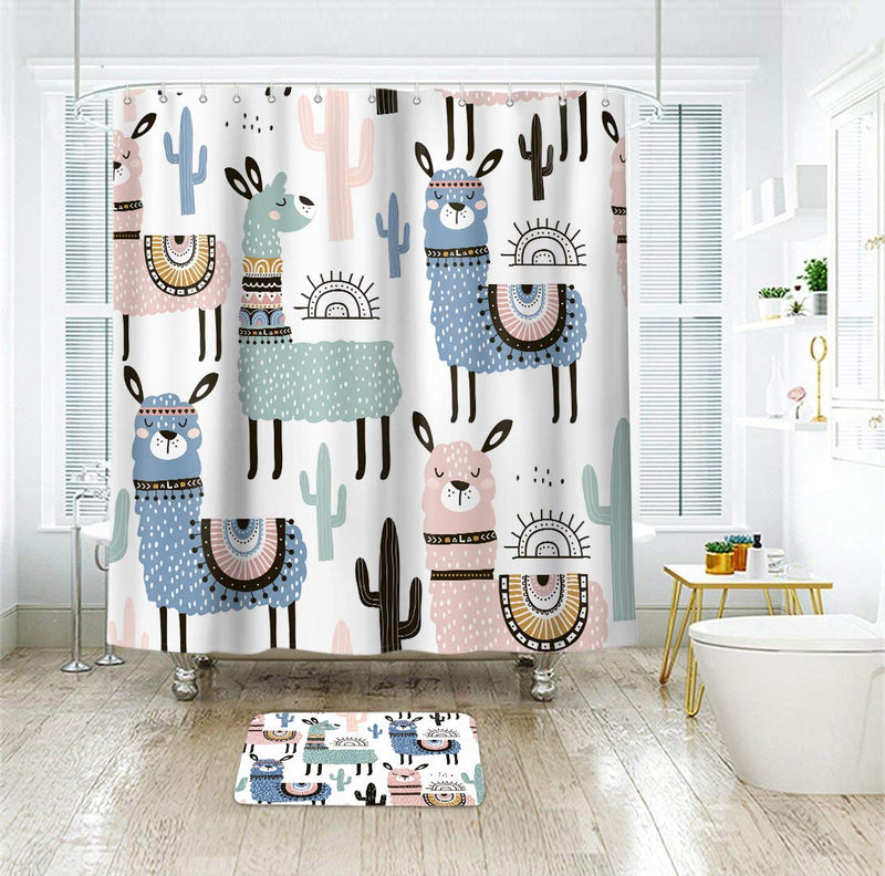 Riyidecor Llama Shower Curtain Boys Kids Animals Cactus Cartoon Alpaca Bath Decor Fabric Set Polyester Waterproof 72x72 Inch 12 Pack Plastic Hooks - NewNest Australia