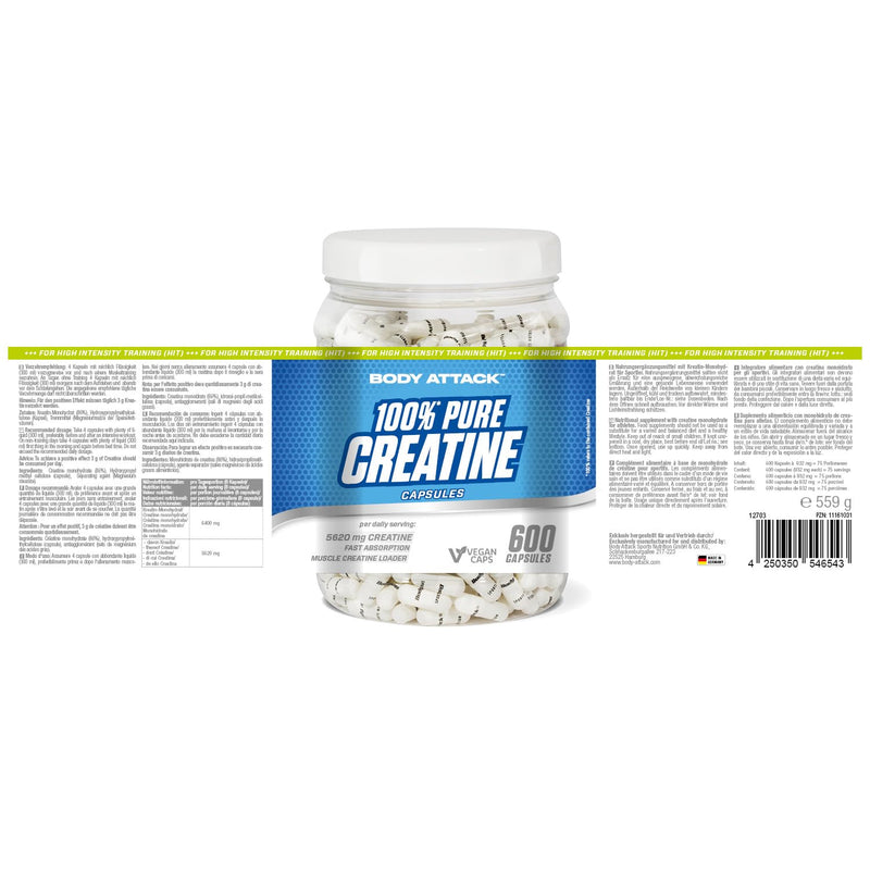 Body Attack 100% Pure Creatine - 600 capsules - Made in Germany - high-quality microfine creatine monohydrate - high-dose creatine capsules for practical use - before or after training 600 pieces (pack of 1) - NewNest Australia