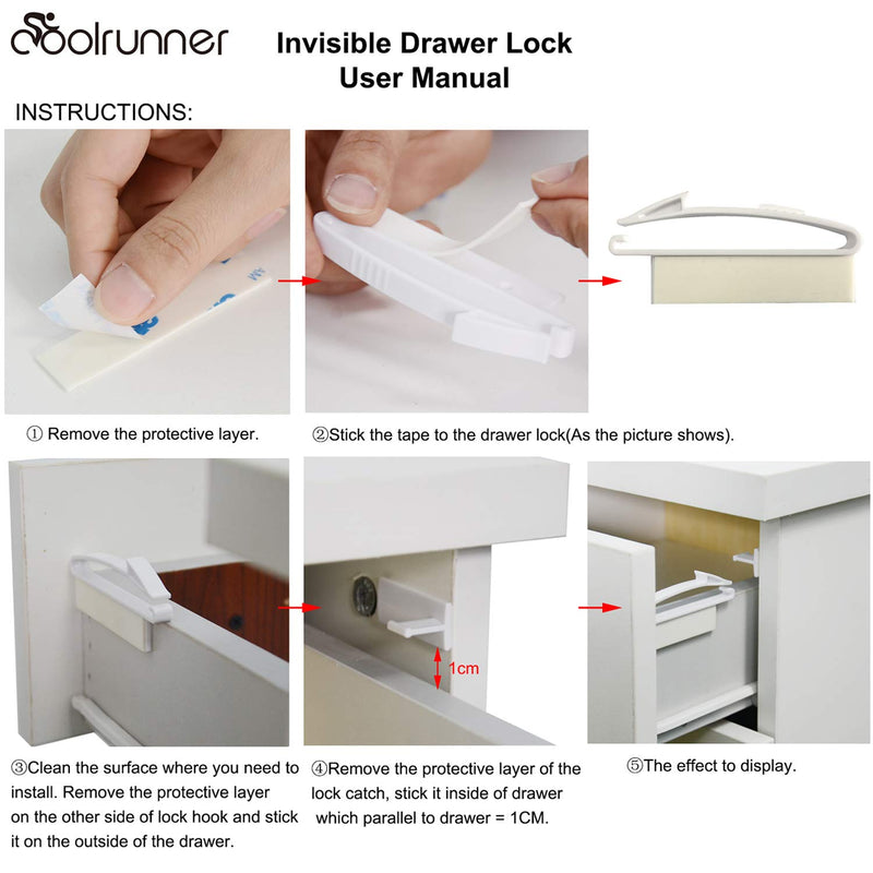 Child Safety Locks, Baby Proofing Drawers Locks, Coolrunner Baby Safety Invisible Drawer Latches with Strong Adhesive for Baby Care - No Tools or Drilling Required - NewNest Australia