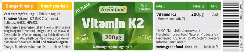 Vitamin K2 (MK7, all-trans), 200 µg, high dose, 180 tablets, vegan - good for blood clotting and maintaining bones. WITHOUT artificial additives. Without genetic technology. 180 pieces (pack of 1) - NewNest Australia