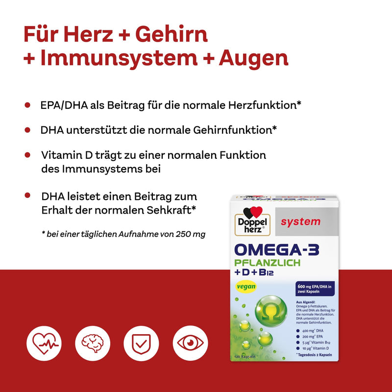 Doppelherz system OMEGA-3 VEGETABLE - algae oil - vitamin D as a contribution to the normal function of the immune system - 120 capsules 120 pieces (pack of 1) - NewNest Australia