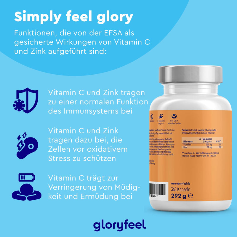 Vitamin C + Zinc - 365 Vegan Capsules - 1000 Mg Buffered Vegetable Vitamin C (Acid-Free And Stomach Friendly) Plus 20 Mg Zinc Per Daily Dose - Laboratory Tested Without Additives Made In Germany. - NewNest Australia