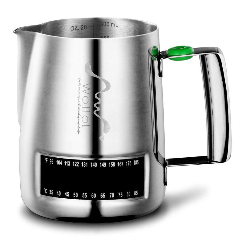 Stainless Steel Milk Frothing Pitcher With Integrated Thermometer, 20oz/600ml Milk Coffee Cappuccino Latte Art Frothing Pitcher Barista Milk Jug Cup, Measurements on Both Sides Include Art Pen & Cloth 600ml/20oz Silver - NewNest Australia