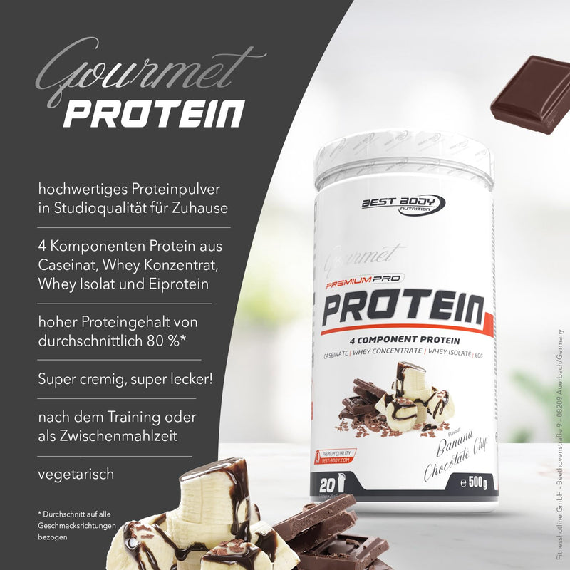 Best Body Nutrition Gourmet Premium Pro Protein, Banana Chocolate Chip, 4 Component Protein Shake: Caseinate, Whey Concentrate, Whey Isolate, Egg Protein, 500 G Tin - NewNest Australia