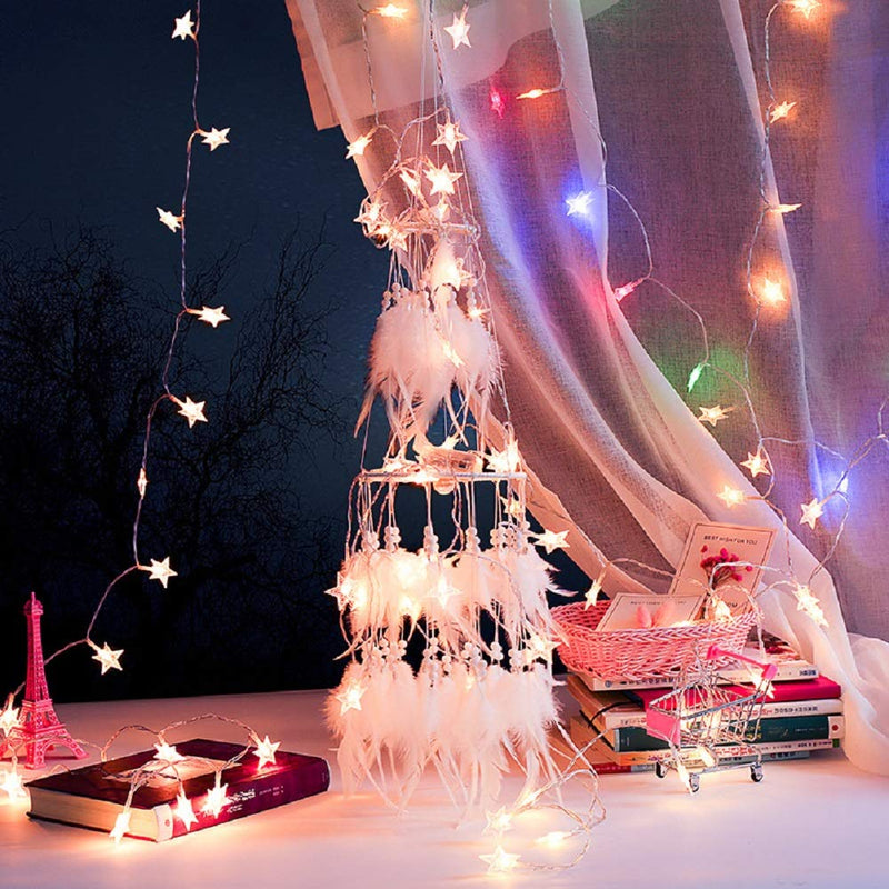 NewNest Australia - Alynsehom Dream Catcher White Feather Light Up LED Star Fairy String Lights Double Circle Dreamcatcher Wedding Wall Hanging Nursery Kids Bedroom Baby Tent Decoration 