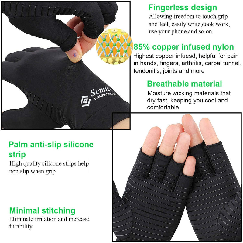 2 Pairs Compression Gloves for Women and Men – Copper Arthritis Gloves for Rheumatoid Arthritis Osteoarthritis Carpal Tunnel – Hand Pain Relief and Support – Open Finger Black Small (2 Pair) - NewNest Australia