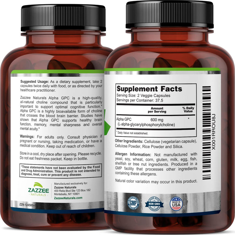 Zazzee Alpha GPC Choline 600 mg per Serving, 75 Count, Vegan, Support for Overall Brain Function, Memory, Focus and Concentration - NewNest Australia