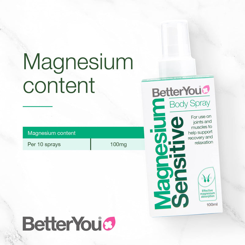 BetterYou Magnesium Sensitive Body Spray | Pure, Clean and Natural Source of Magnesium Chloride | Magnesium Spray | Vegan & Palm-Oil Free | 100ml (600 Sprays) Single - NewNest Australia