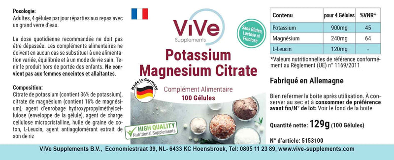 Potassium magnesium citrate - 100 vegan capsules - essential minerals - highly bioavailable - safe dosage | Quality from Germany from ViVe Supplements - NewNest Australia