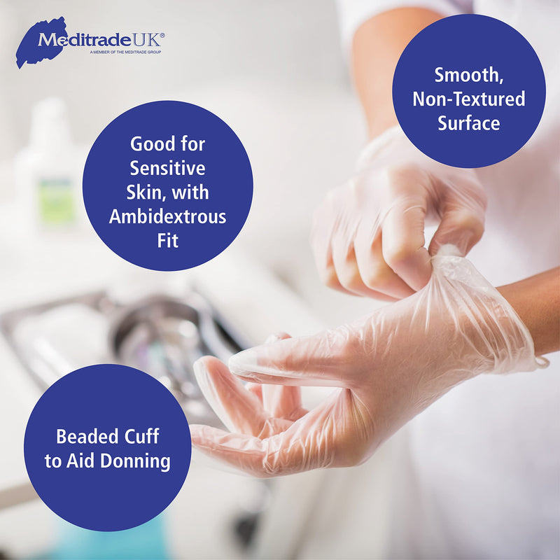 Examination Gloves - Medium, Powderless, Hypoallergenic, Heavy Duty, Latex Free, Long Cuff, Ambidextrous, Disposable, for Any Sector, Bulk Buy (Clear) (Medium) - Meditrade Vinyl 2000 PF Clear - NewNest Australia