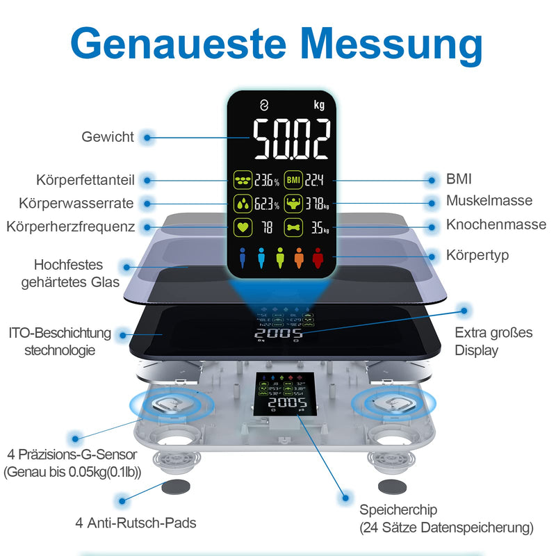 Lepulse Lescale F4 Pro Body Fat Scales With Body Fat And Muscle Mass, Personal Scales With Body Fat Analysis, Body Analysis Scales, Ultra Precision Body Scales, Trend, Large Display, 15 Body Dimensions - NewNest Australia