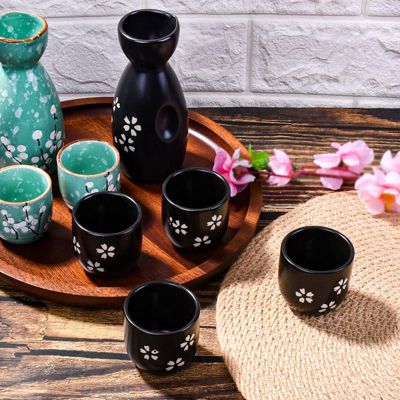 BOSILI Ceramic Japanese Sake Set 1 Sake Bottle and 4 Sake Cups 5 Pieces Black Cherry Blossom Style for Sake White Wine(Black) - NewNest Australia