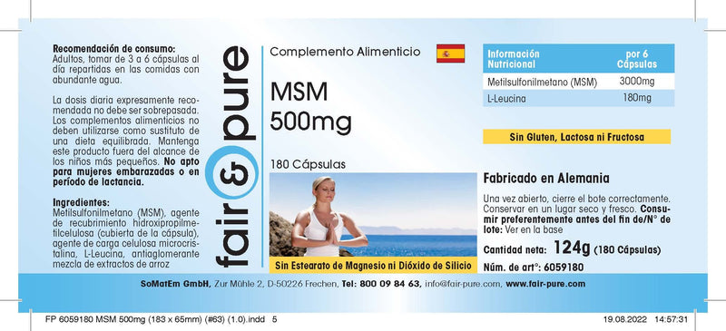MSM capsules 500mg - methylsulfonylmethane - vegan - 180 MSM capsules - 100% MSM per capsule - pure substance without magnesium stearate - NewNest Australia