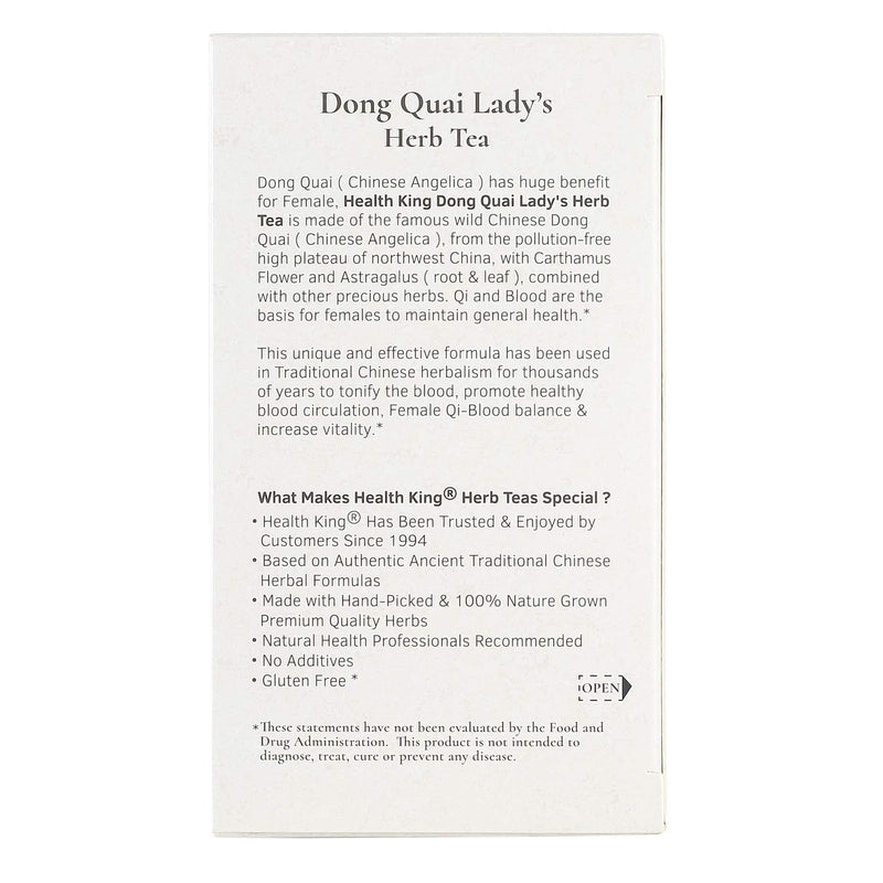 Dong Quai Lady's Herb Tea by Health King - Female Qi-Blood balance & Energy - ( 1 Pack, 20 Count, with Non-GMO, Vegan, Dang Quai Root, Astragalus Root & Leaf, Carthamus Flower, Motherwort Stem & Leaf, Codonopsis Root, Szechuan Lovage Rhizome Root, Schi... - NewNest Australia